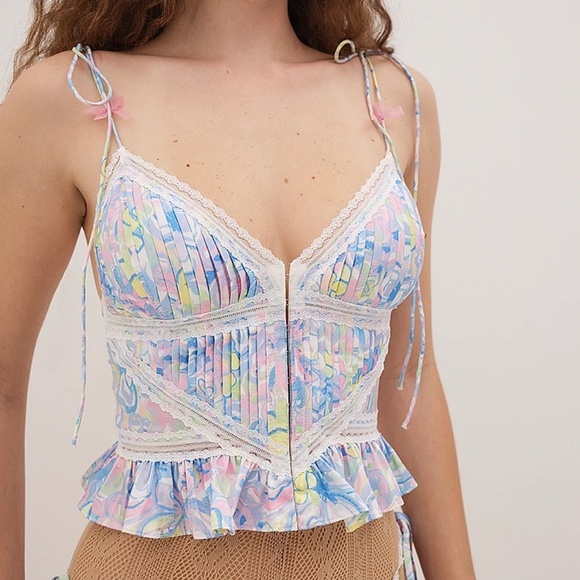 For Love & Lemons Blue Midsummer Floral Corset Top Blue Floral Medium NEW - Picture 4 of 4